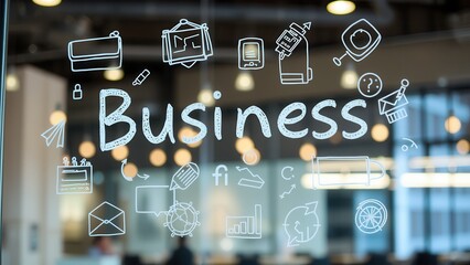 Word BUSINESS with doodle pictures around on the glass.