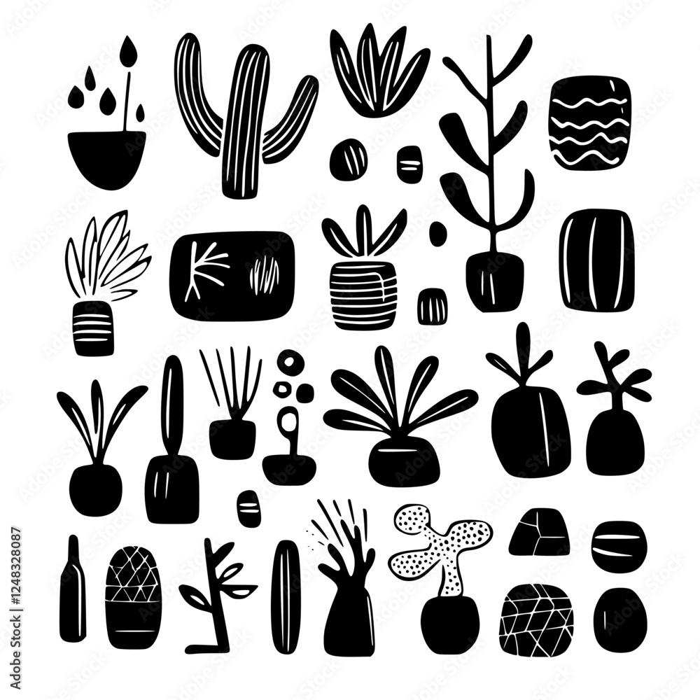 Poster patterns of abstract plants in minimalist design showcasing various shapes and forms