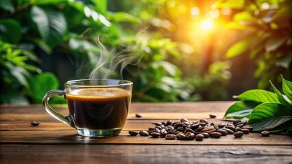 Aromatic Coffee in Glass Cup on Wooden Surface with Roasted Beans and Lush Greenery Background at Sunrise