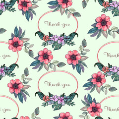 Seamless Floral Thank You Pattern with Pink Flowers. Elegant Thank You Design with Roses and Greenery. Floral Frames with Thank You Text