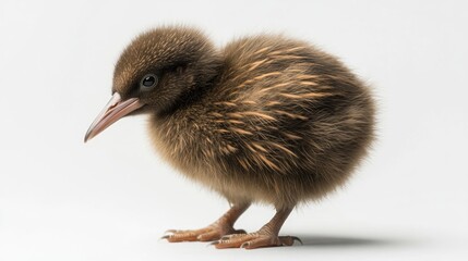 A cute kiwi bird standing on the ground, showcasing its unique features and brown feathers, isolated on a white background --ar 16:9 --v 6.1 Job ID: 97532000-3649-45f4-a7a2-ab63b65d712e