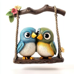 A cartoon-style love birds figurine with exaggerated features, sitting on a tiny swing