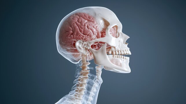 Human skull with open brain and endoscopic sinus surgery realistic photography detailed view