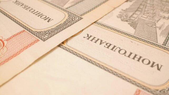 A close-up of a Mongolian 10,000-tugrik banknote.