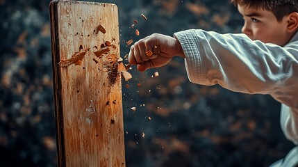 A young martial artist breaking their first board with a confident hand strike