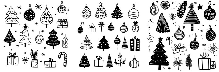 Decorative black and white Christmas illustrations featuring trees, ornaments, gifts, and festive elements for holiday themes