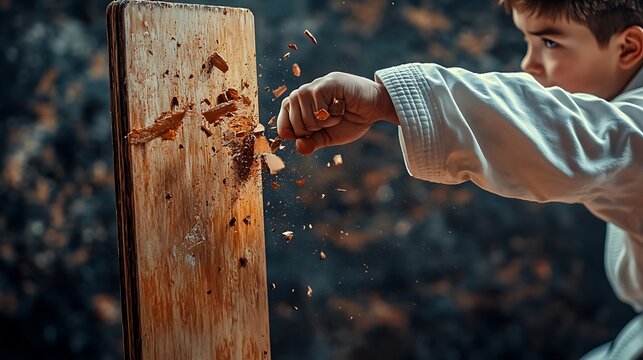 A young martial artist breaking their first board with a confident hand strike