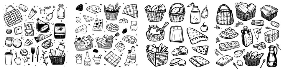 Collection of hand-drawn food items and grocery baskets showcasing various ingredients and snacks in a minimalist style