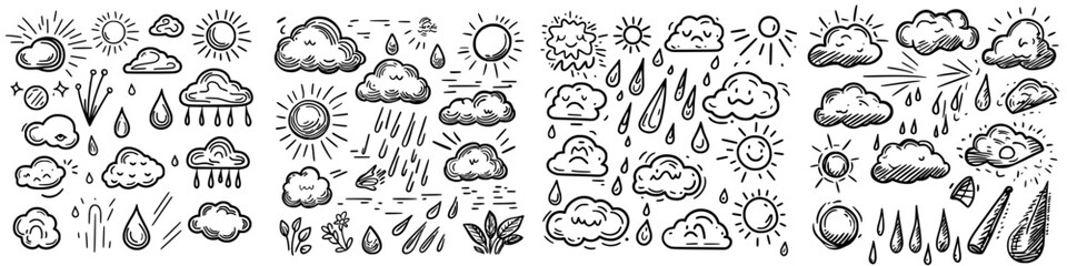 Weather icons featuring sun, rain, clouds, and various atmospheric conditions in a hand-drawn style