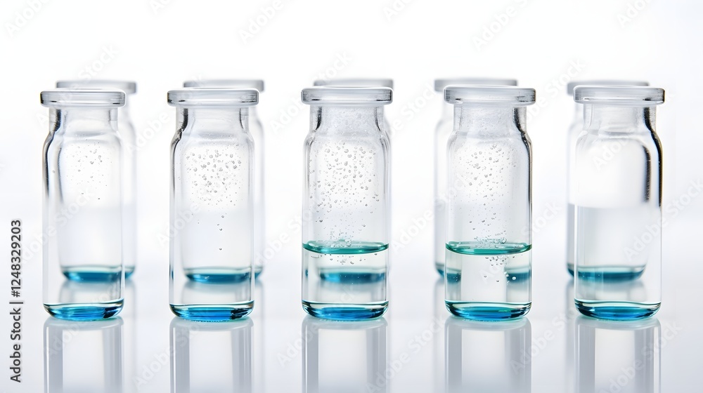 Poster neatly arranged row of transparent glass sample vials placed on a sterile white background surface c