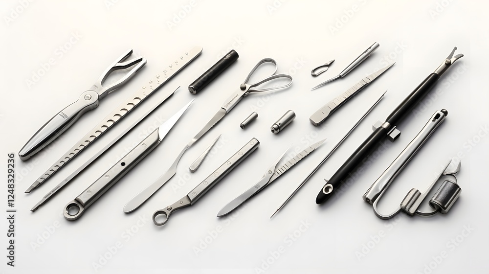 Poster clean and shiny stainless steel scalpel and suturing instruments neatly aligned on a plain white bac