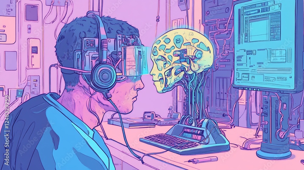 Aufkleber a person wearing vr headset looking at an anatomical skull with computer screen and keyboard in the 