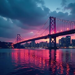 Fototapeta premium Sleek bridge structure against dramatic cityscape backdrop , skyline, city, travel