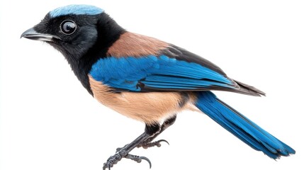 Obraz premium A Taiwan Jay bird perched gracefully, showcasing its vibrant blue and black feathers, isolated on a white background