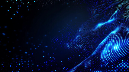 A futuristic abstract background of dark blue and sparkling blue particles, forming interconnected lines, surfaces, and grids that suggest an infinite depth within the digital space.
