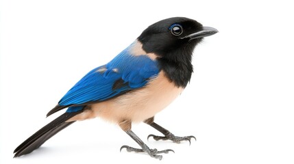Naklejka premium A Taiwan Jay bird perched gracefully, showcasing its vibrant blue and black feathers, isolated on a white background