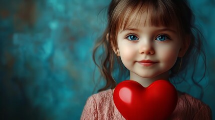 Girl holding a red heart shape, looking at camera