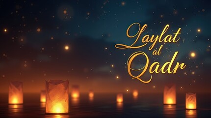 Elegant text &lsquo;Laylat al-Qadr&rsquo; written in glowing gold ink is surrounded by floating paper lanterns. ramadan Kareem, Ramadan crescent moon, Eid Mubarak Islamic festival social media banner