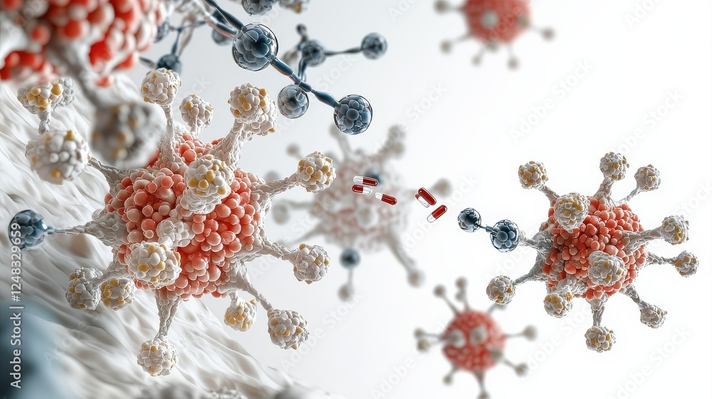 Poster material science nano concept. molecular structures resembling viruses or bacteria in a digital illu