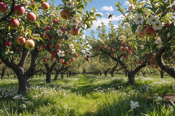 Bountiful Orchard Filled with Ripe Apple Blossoms and Buzzing Bees in a Sunny Spring Garden