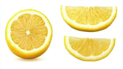 Fresh Juicy Lemon Slices and Whole Fruit on White Background, Vibrant Yellow Color, Perfect for Culinary and Beverage Use