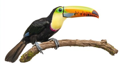 Fototapeta premium A vibrant toucan perched on a branch, showcasing its colorful beak and feathers, isolated on a white background
