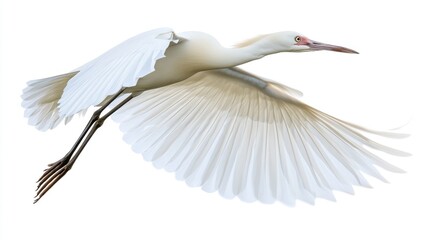 A white bird in mid-flight, showcasing its elegant wingspan, isolated on a white background