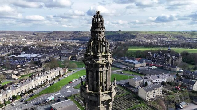 Aerial view of Wainhouse Tower, Halifax, West Yorkshire, 4K Drone Footage.