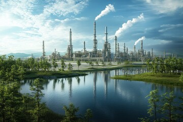 Obraz premium A refinery seamlessly integrated into a natural landscape, showcasing harmony between industry and nature.