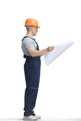 Builder, on a white background, full-length, with a drawing