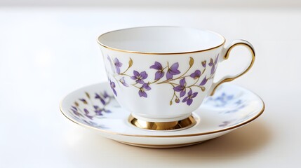 Obraz premium Delicate and Refined Porcelain Teacup and Saucer Set Beautifully Arranged on a Clean White Surface