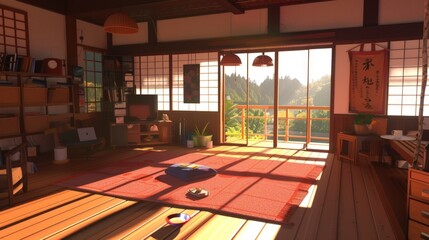Fototapeta premium Serene Sunrise in a Japanese-Style Room