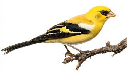 Naklejka premium An elegant goldfinch perched on a branch, showcasing its vibrant yellow and black feathers, isolated on a white background