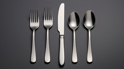 Stainless Steel Cutlery Set Including Knife Fork and Spoon Arranged on a Clean White Background  This Minimalist Reflective Metallic Flatware Set is Perfect for Elegant Dining Catering