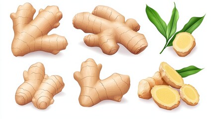 Fresh Organic Ginger Roots and Slices with Lush Green Leaves Isolated on White Background for Culinary and Wellness Uses