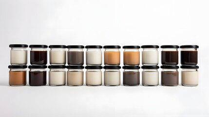 Soothing Scented Candles Arranged in Symmetrical Display on Minimalist White Surface  Elegant and Calming Tabletop Composition with Glass Jars Evoking Relaxation and Atmosphere