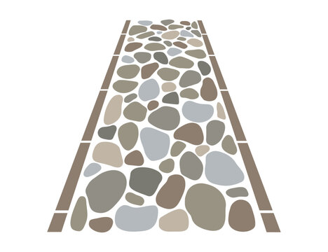 Garden road, irregular stone texture. Vector sidewalk, old gravel cobblestone path on white background