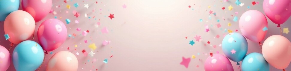 Pastel colored balloons and confetti on a bright background , element, fun, sweet