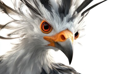 A close-up shot of a Secretary bird, highlighting its unique features like the crest on its head and sharp, powerful beak