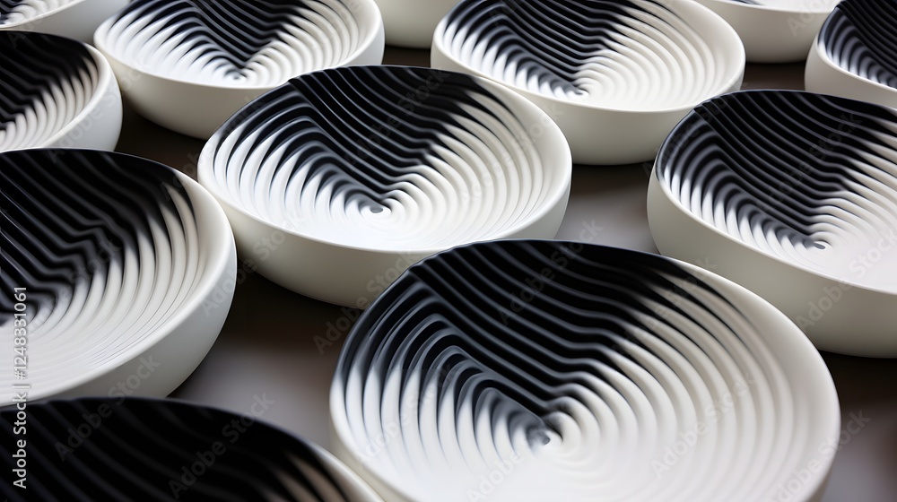 Poster neatly arranged stack of handcrafted ceramic plates in a minimalist symmetrical composition on a cri