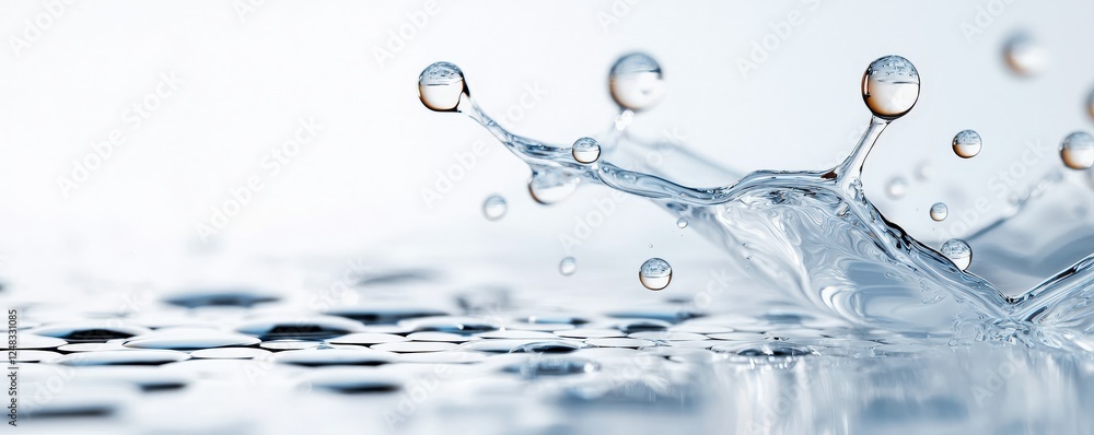 Poster material science nano concept. elegant water splash with droplets against a soft background.