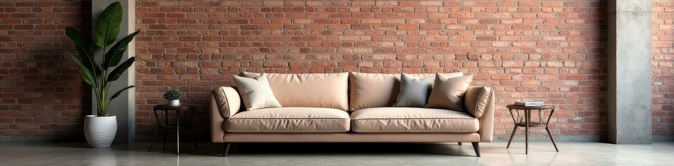 Exposed brick wall, metal accents, simple sofa , aesthetic, modern, furniture