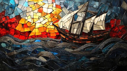 A Mosaic Depiction Of A Sailing Ship At Sunset