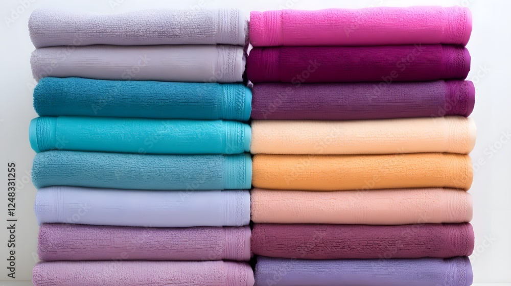 Poster neatly folded and symmetrically arranged pristine white cotton towels on a clean minimalist white ba