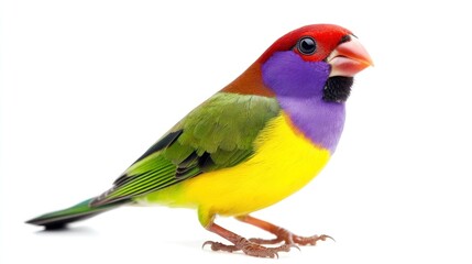 Obraz premium A close-up of a pretty Gouldian Finch from Australia, perched gracefully, isolated on a pure white background
