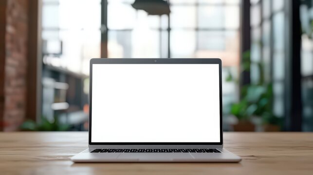 Frameless blank screen laptop mockup on a wooden table for design and presentation purposes