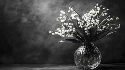 An exquisite arrangement of Lily of the Valley flowers stands tall in a delicate vase, captured in a 16:8 aspect ratio, showcasing the elegance and purity of this timeless bloom.
