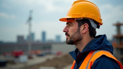 Male builder in yellow helmet side view