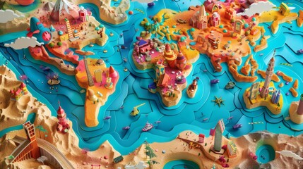 Naklejka premium Colorful 3D Map of the World with Landmarks and Vibrant Sea