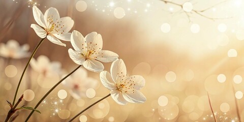 Cream-toned abstract backdrop with a soft bokeh blur and a delicate white flower.